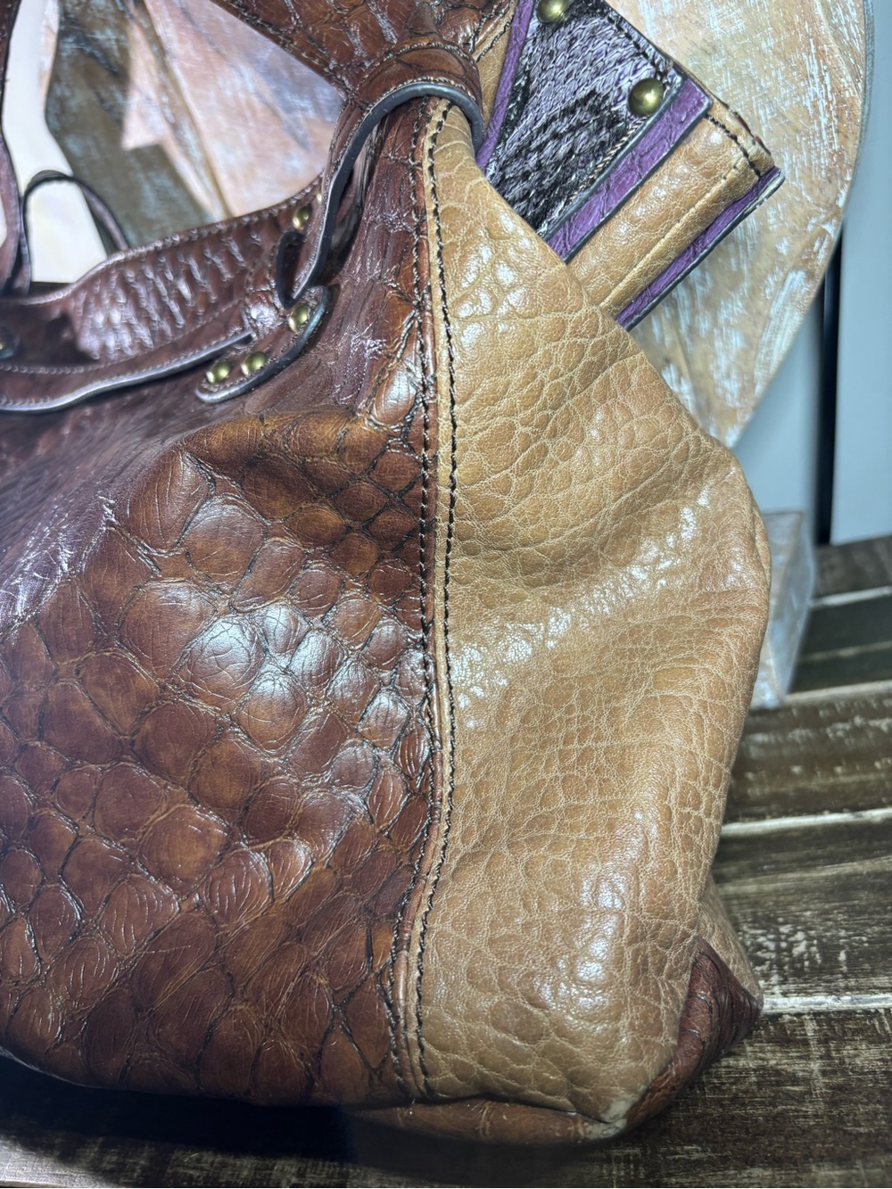 Jessica Simpson Reptilian Brown Textured Faux Leather Satchel Handbag Vegan Bag - Picture 10 of 15